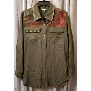 Tribal Jeans Boho Button‎ Down Shirt size Medium Green Floral Long Sleeve